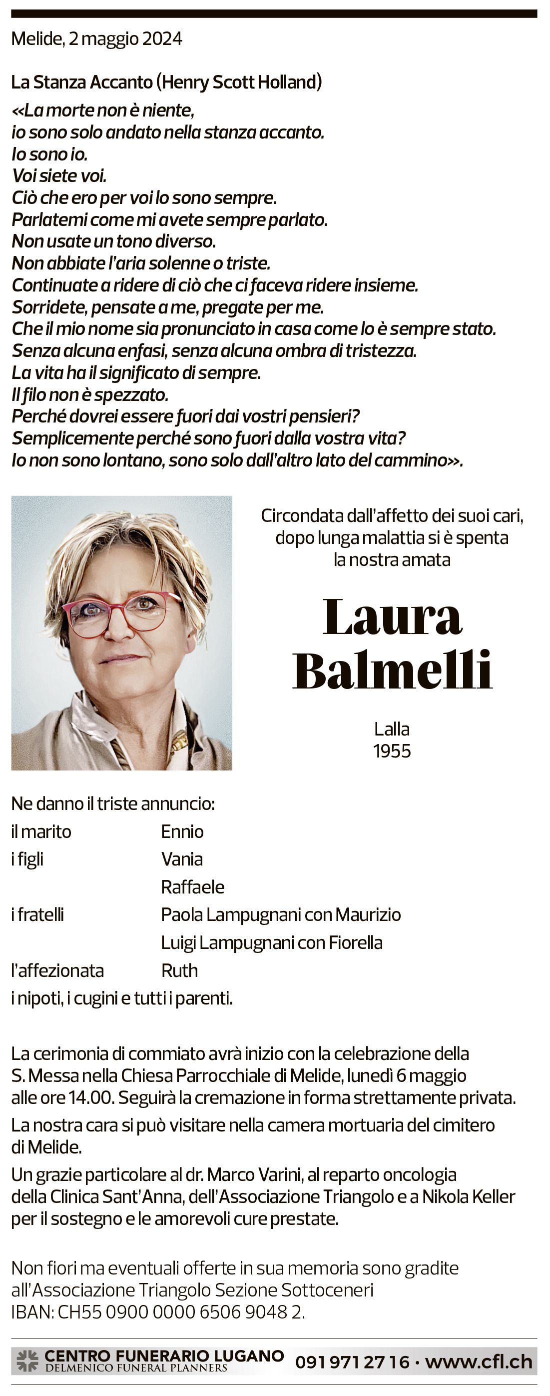 Annuncio funebre Laura Balmelli