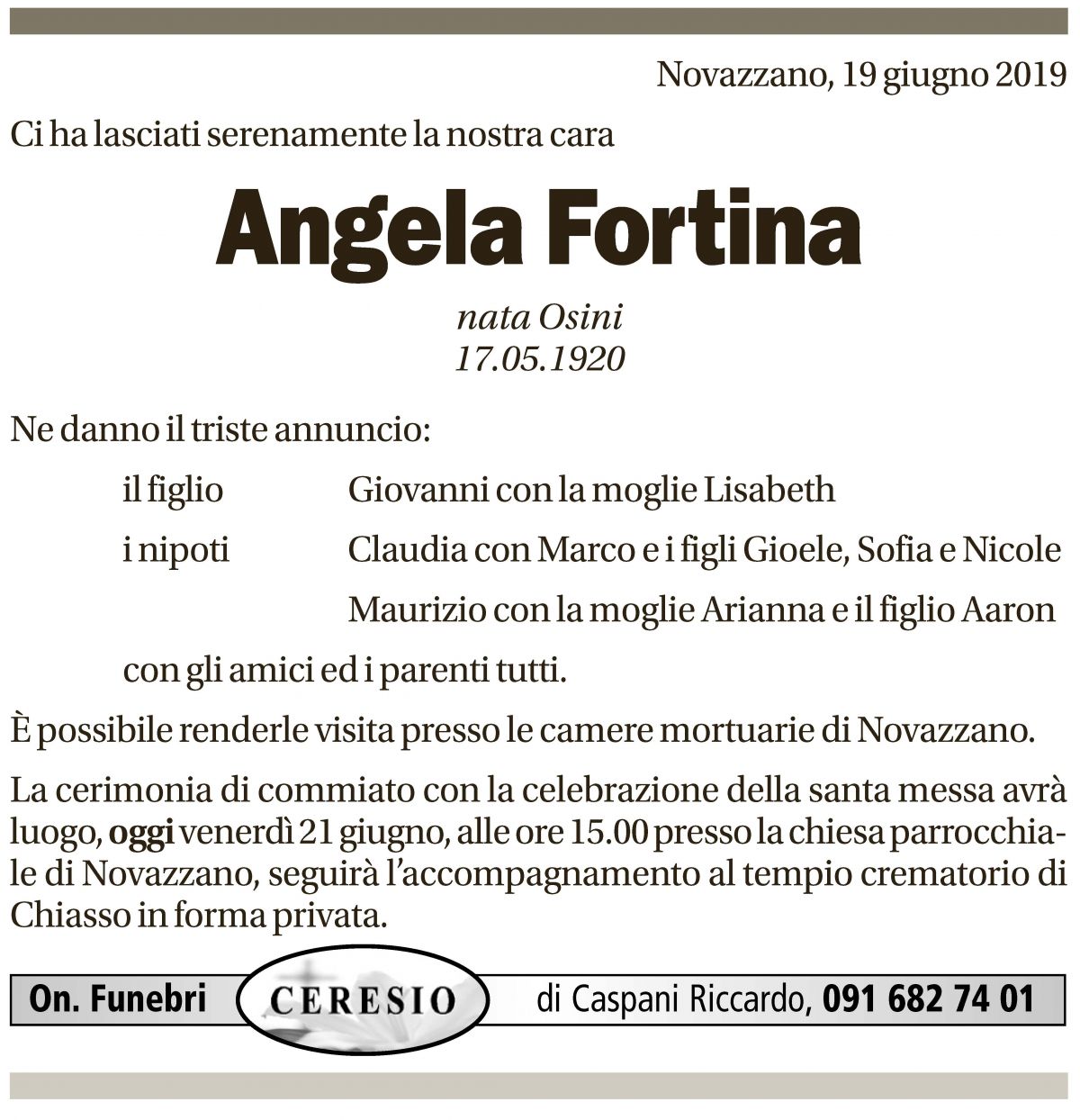 Annuncio funebre Angela Fortina