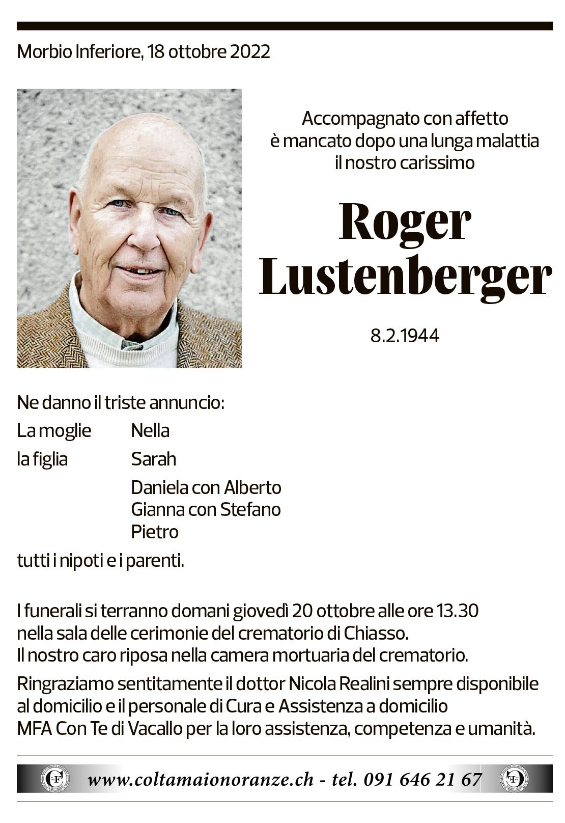 Annuncio funebre Roger Lustenberger