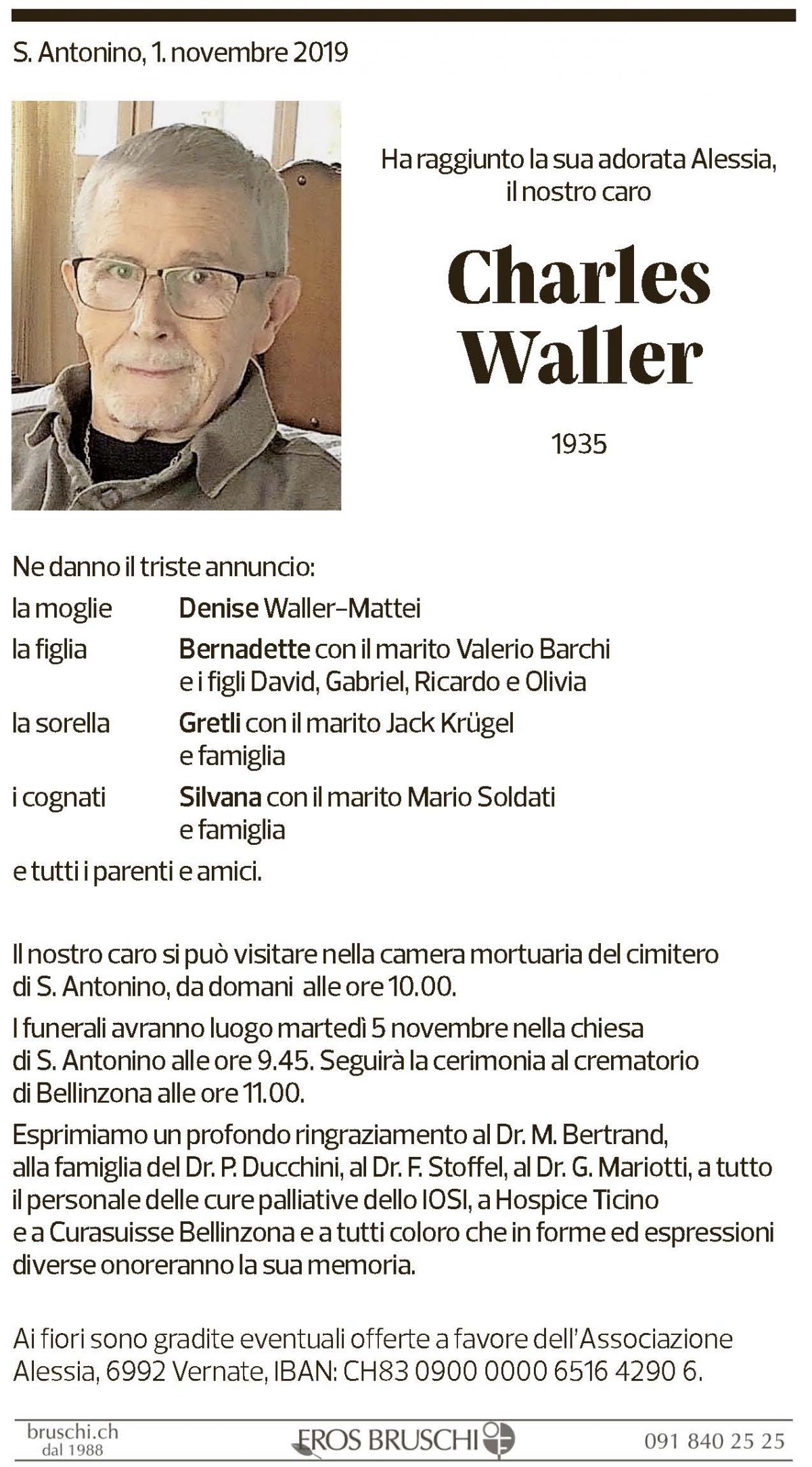 Annuncio funebre Charles Waller