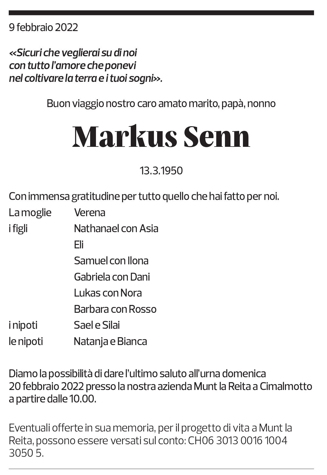 Annuncio funebre Markus Senn