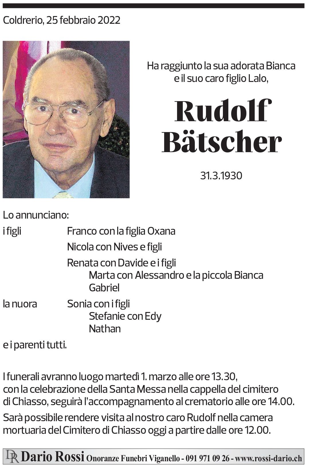 Annuncio funebre Rudolf Bätscher