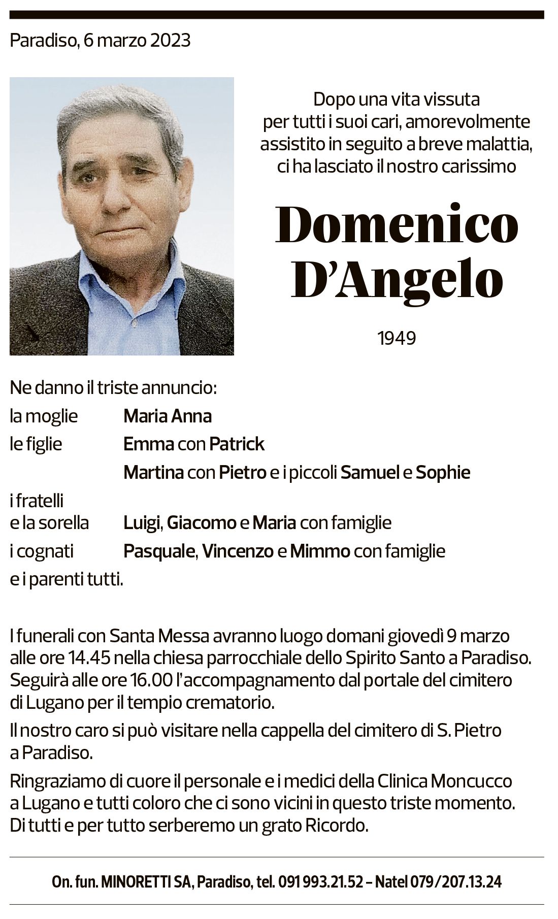 Annuncio funebre Domenico D'angelo