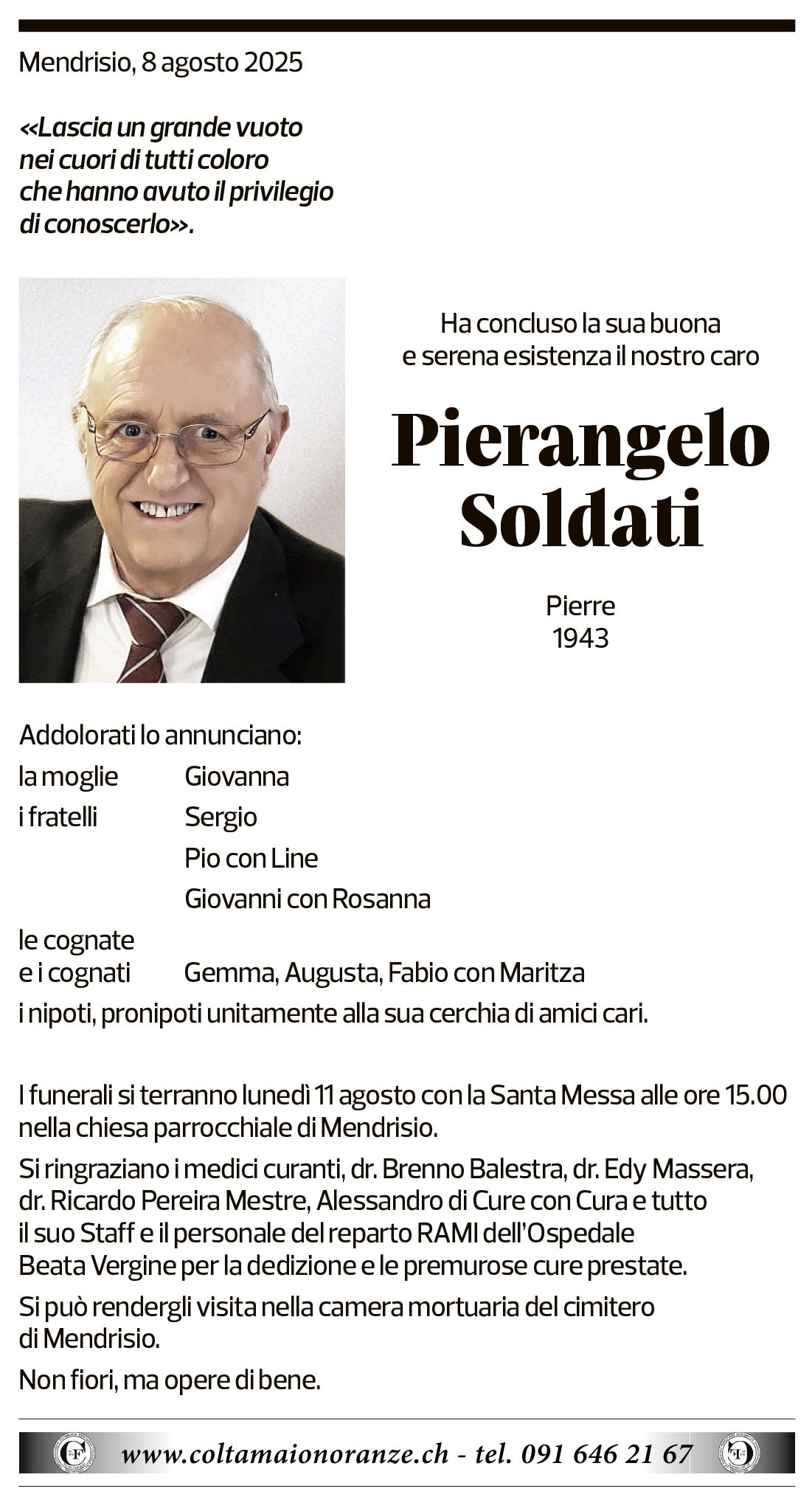 Annuncio funebre Pierangelo Soldati