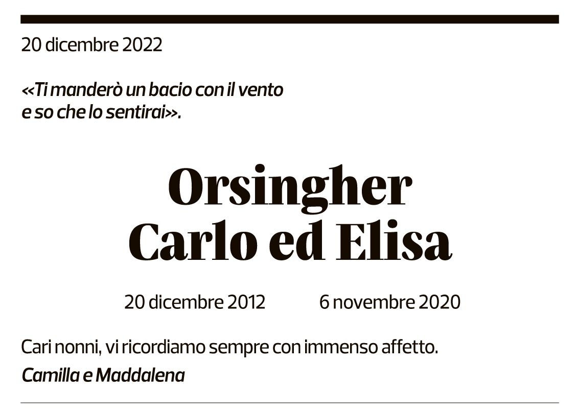 Annuncio funebre Carlo Orsingher Elisa Orsingher