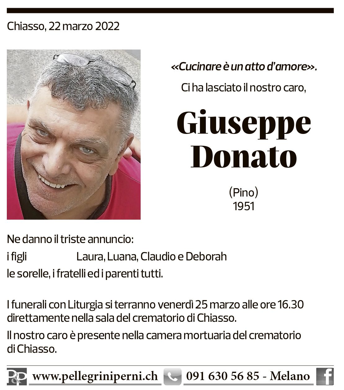 Annuncio funebre Giuseppe Donato