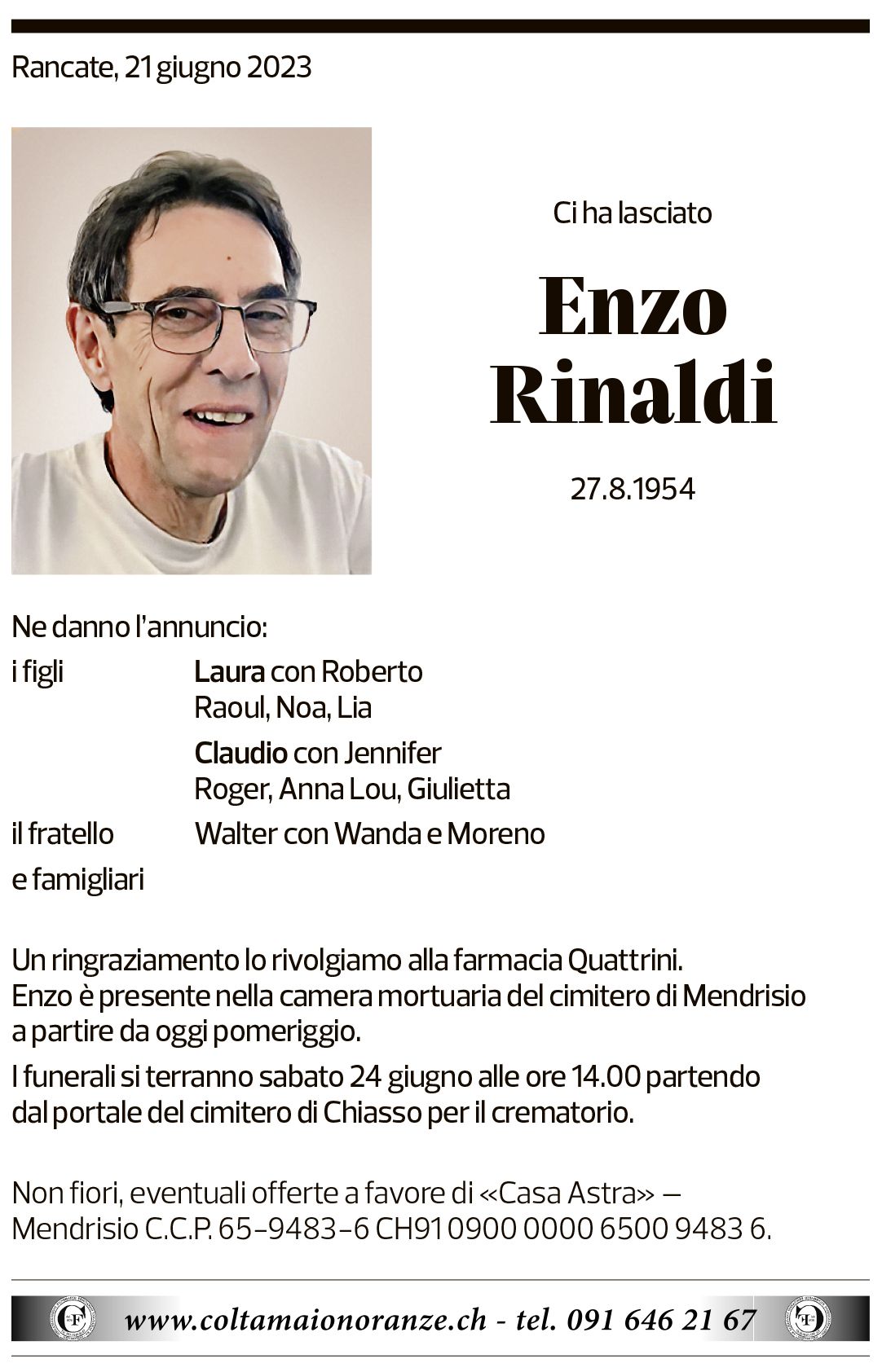 Annuncio funebre Enzo Rinaldi