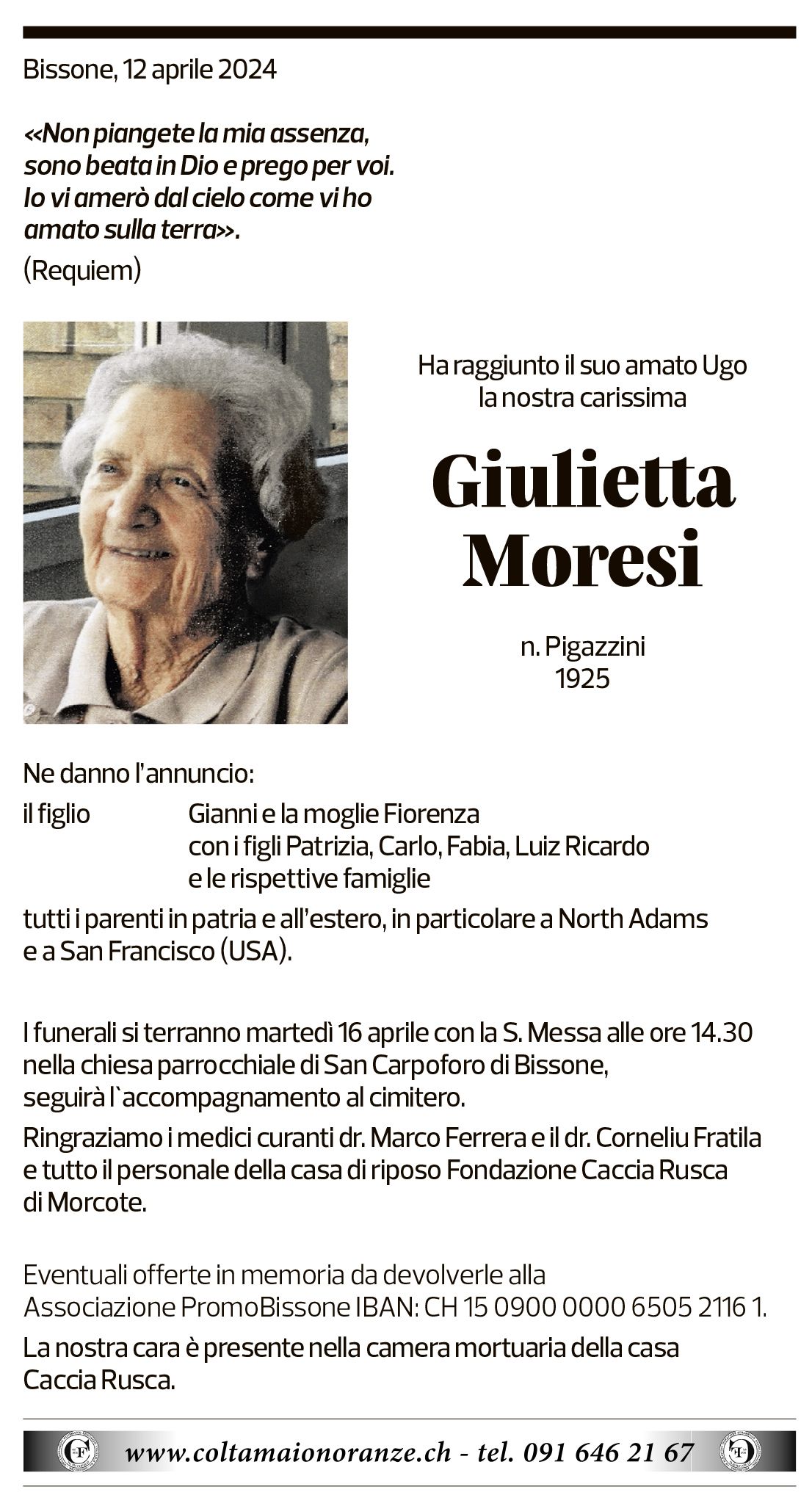 Annuncio funebre Giulietta Moresi