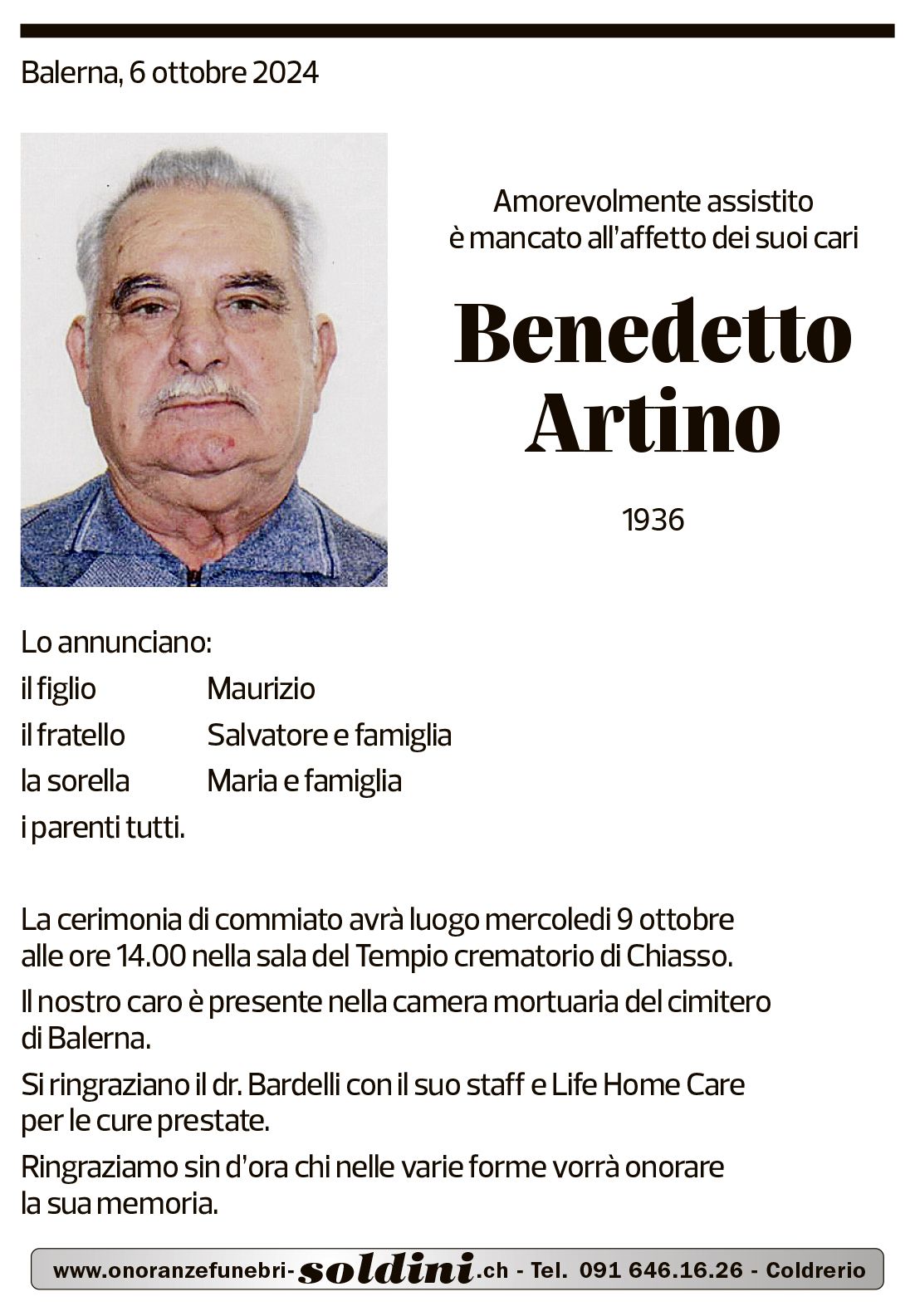 Annuncio funebre Benedetto Artino