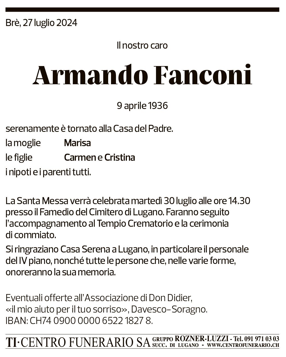 Annuncio funebre Armando Fanconi