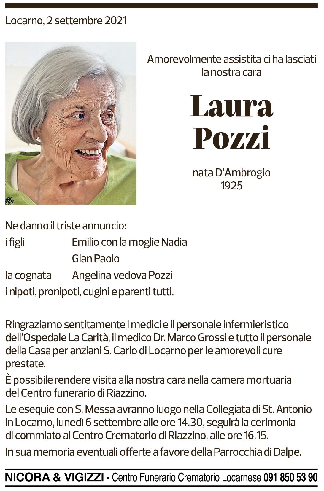 Annuncio funebre Laura Pozzi