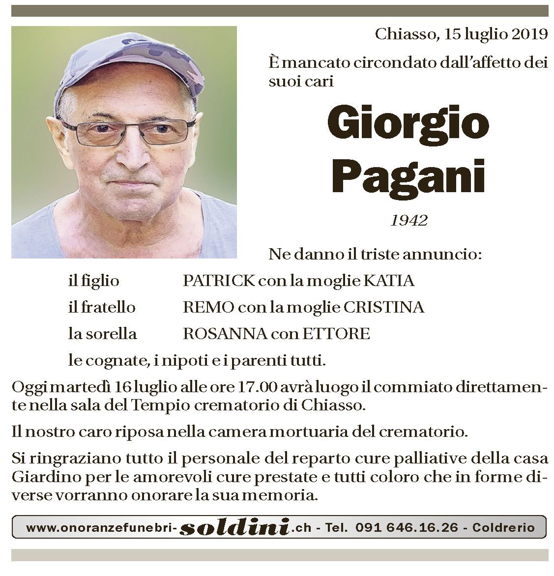 Annuncio funebre Giorgio Pagnani
