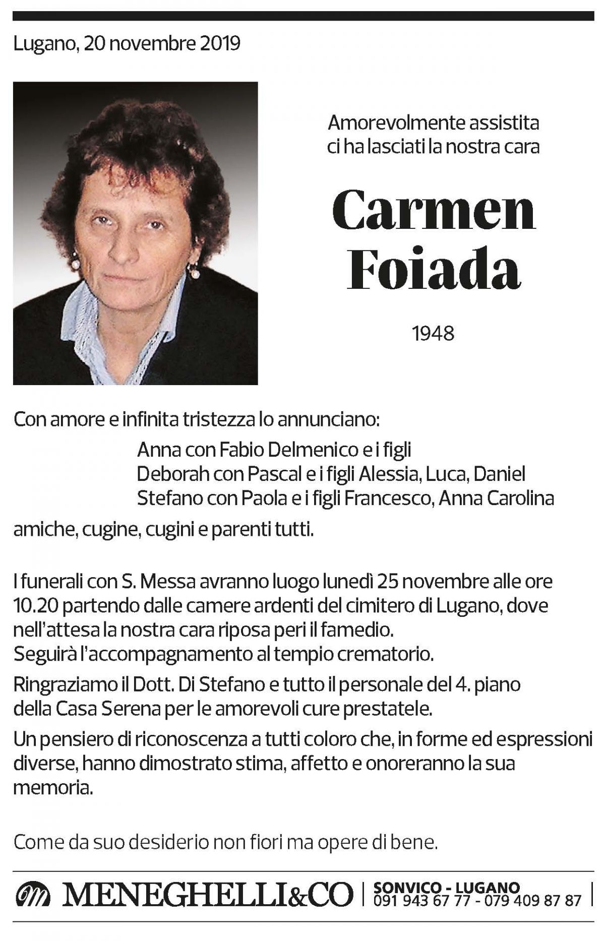 Annuncio funebre Carmen Foiada