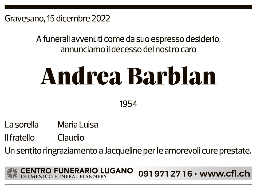 Annuncio funebre Andrea Barblan