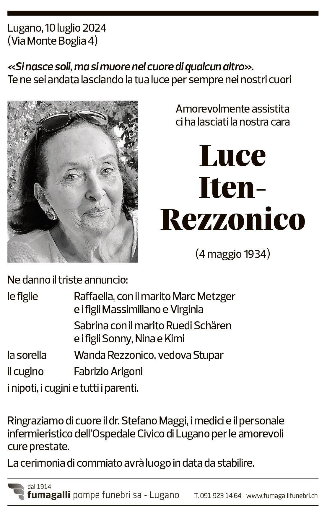 Annuncio funebre Luce Iten-rezzonico