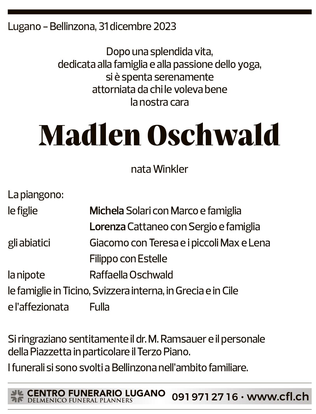 Annuncio funebre Madlen Oschwald