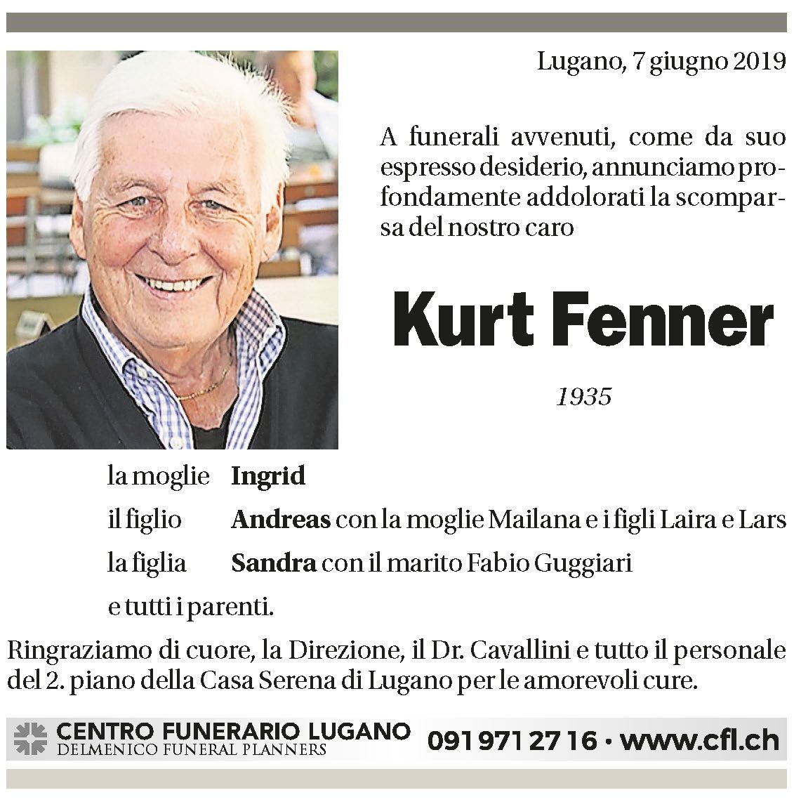 Annuncio funebre Kurt Fenner
