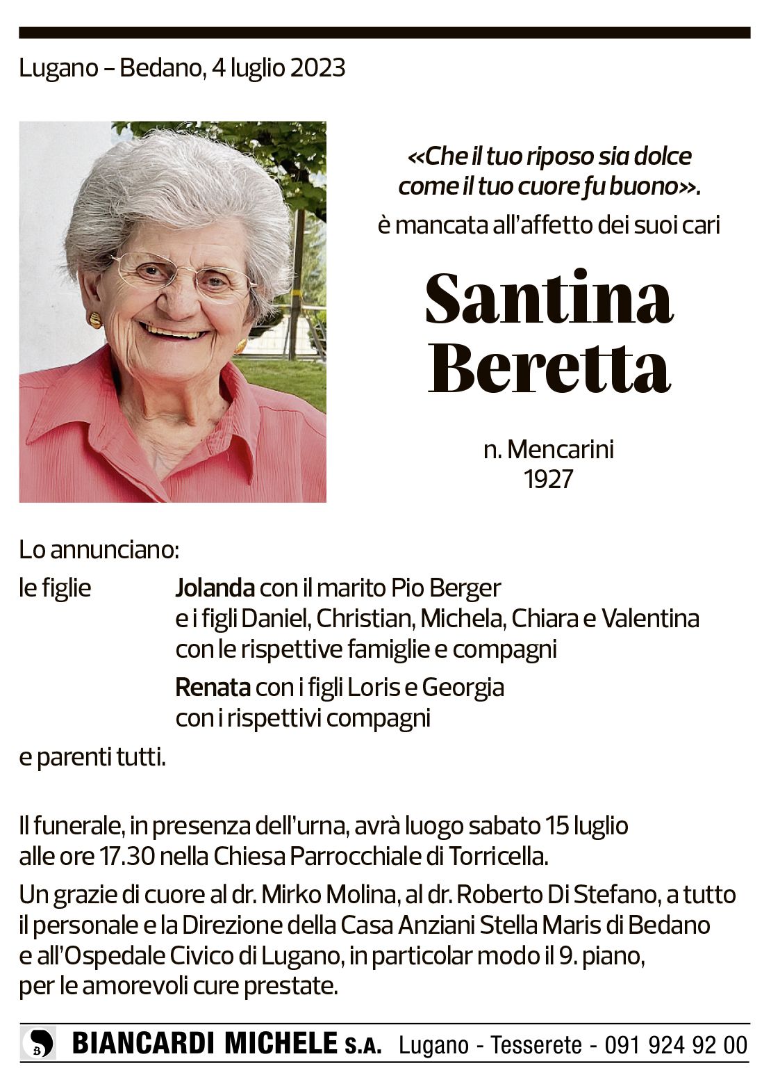 Annuncio funebre Santina Beretta