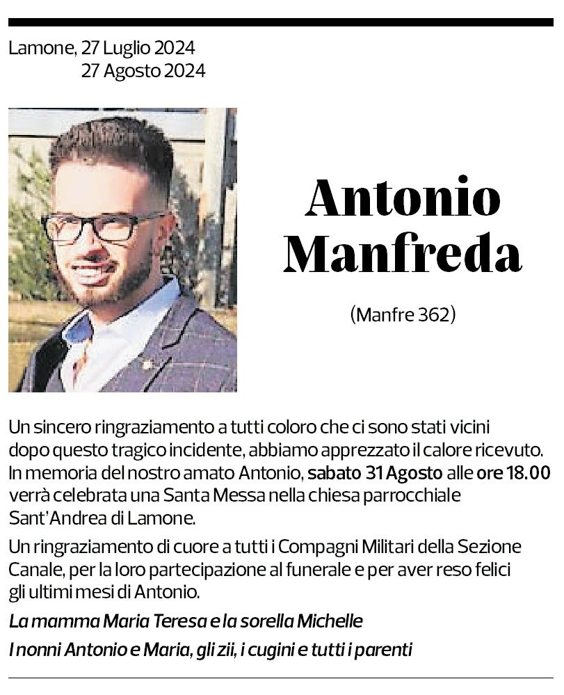 Annuncio funebre Antonio Manfreda