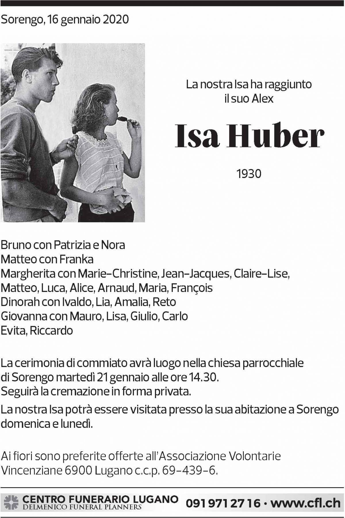 Annuncio funebre Isa Huber