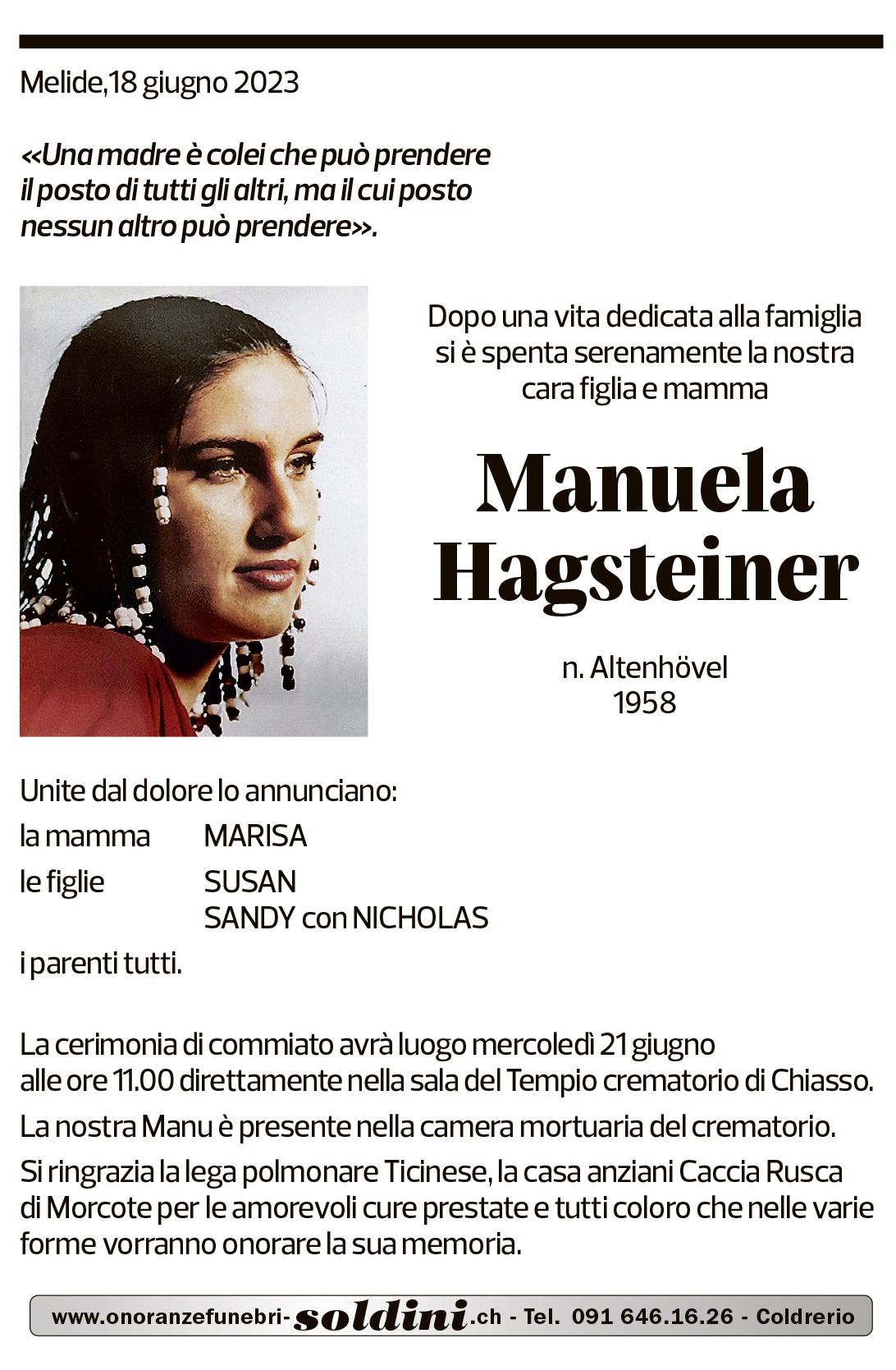 Annuncio funebre Manuela Hagsteiner