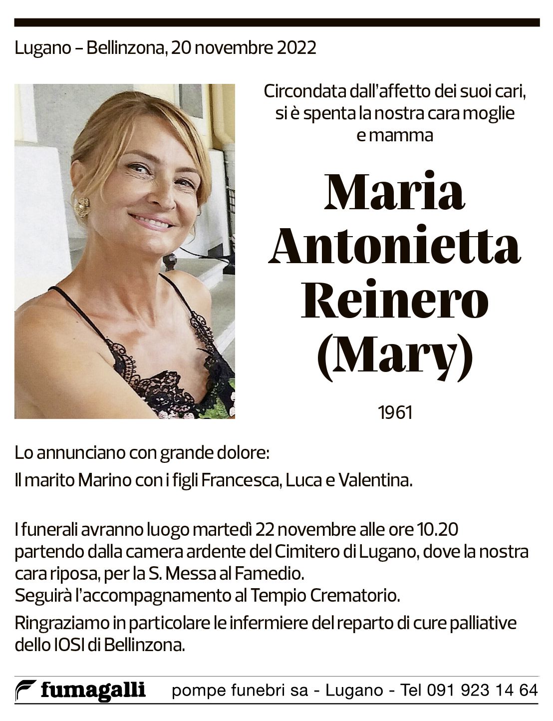 Annuncio funebre Maria Antonietta Reinero