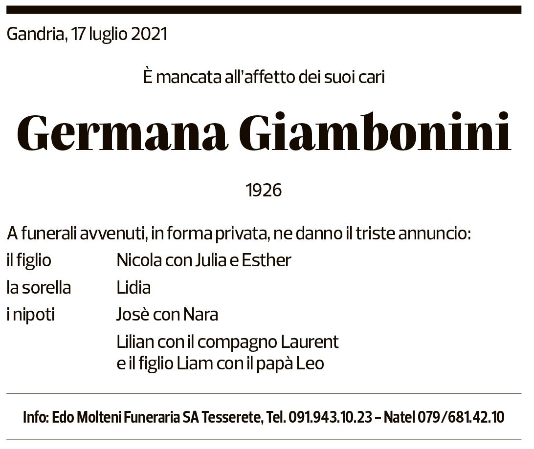 Annuncio funebre Germana Giambonini