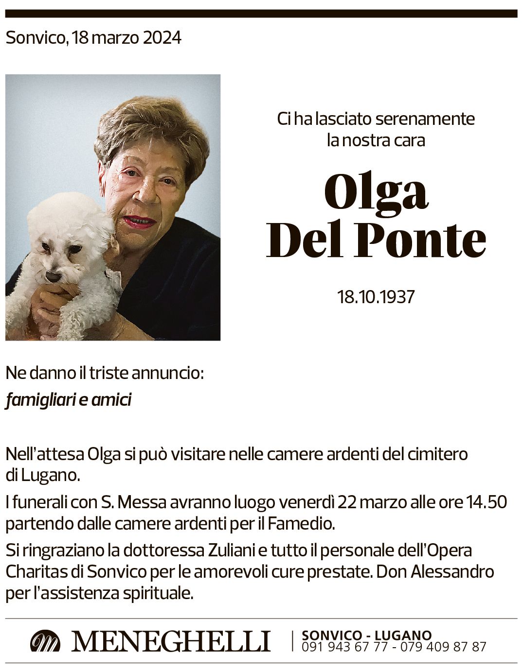 Annuncio funebre Olga Del Ponte