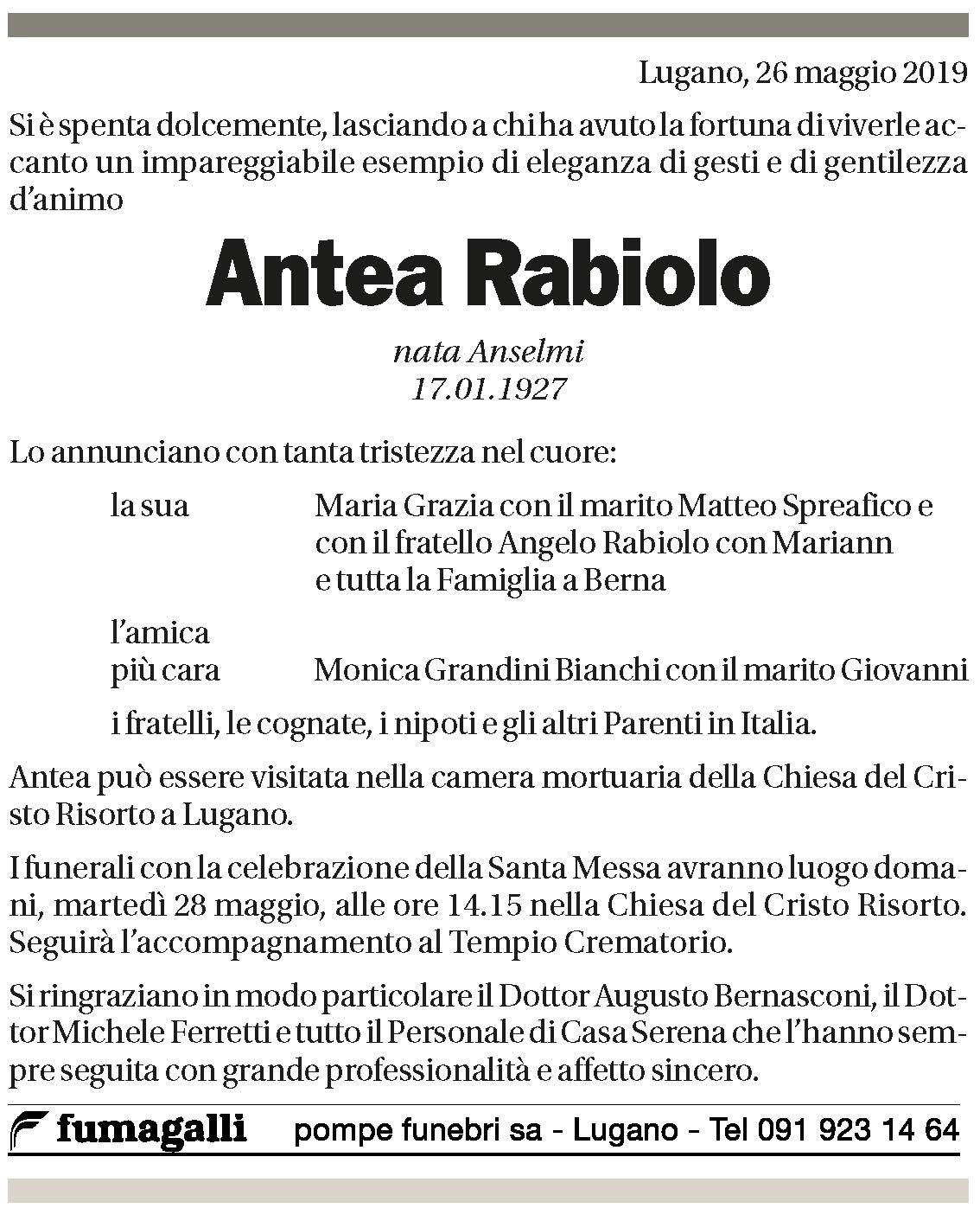 Annuncio funebre Antea Rabiolo