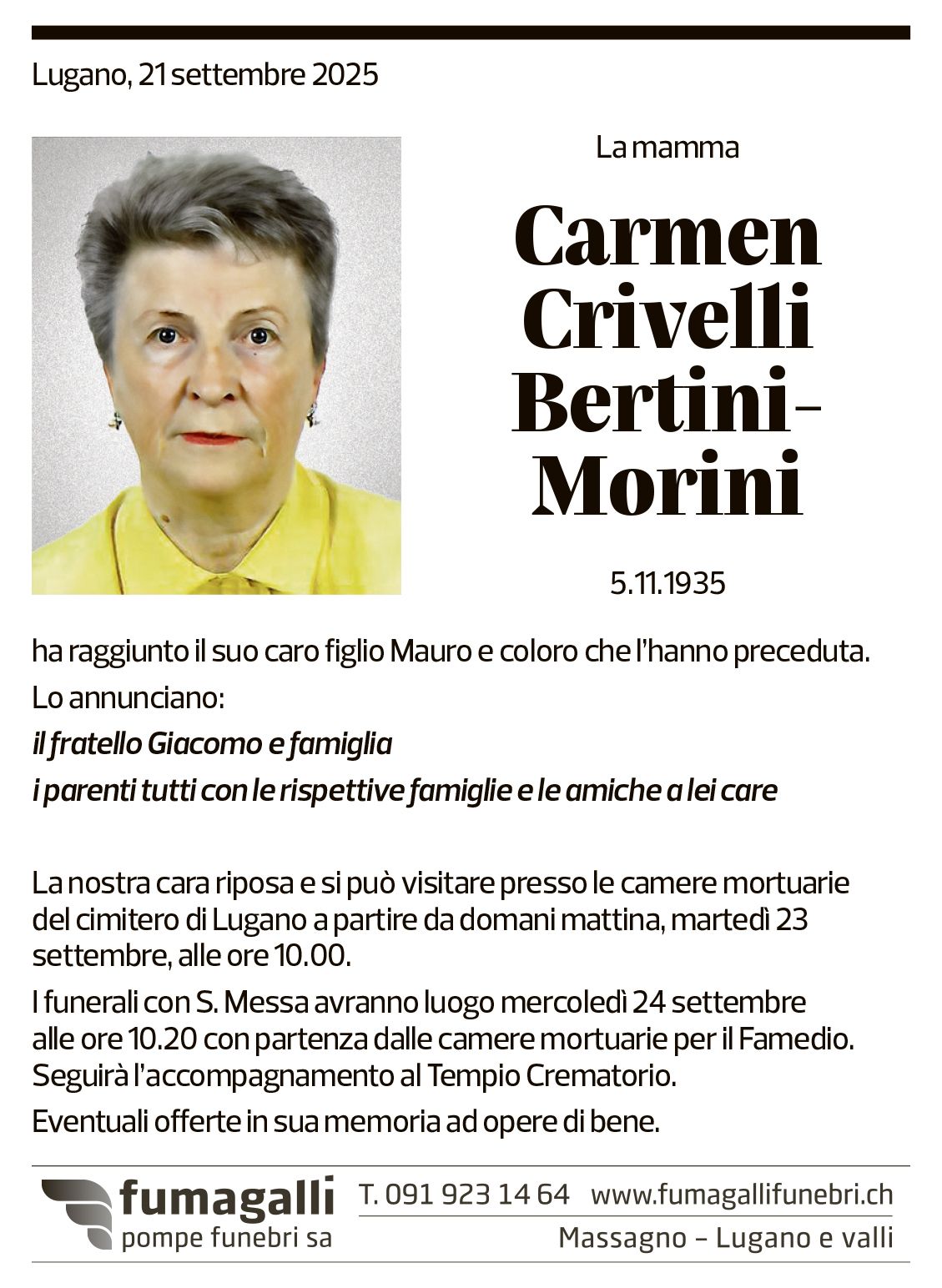 Annuncio funebre Carmen Crivelli Bertini-morini