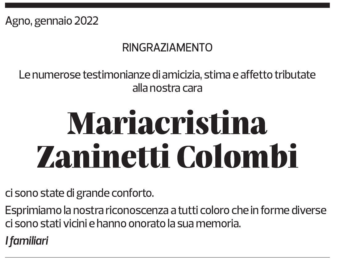 Annuncio funebre Mariacristina Zaninetti Colombi