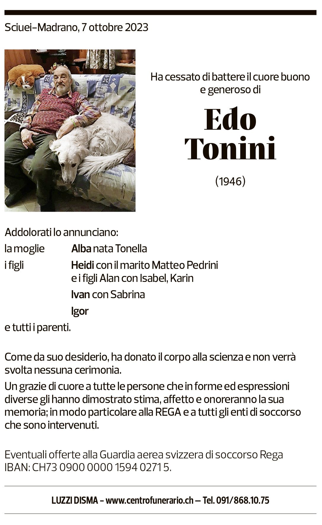 Annuncio funebre Edo Tonini