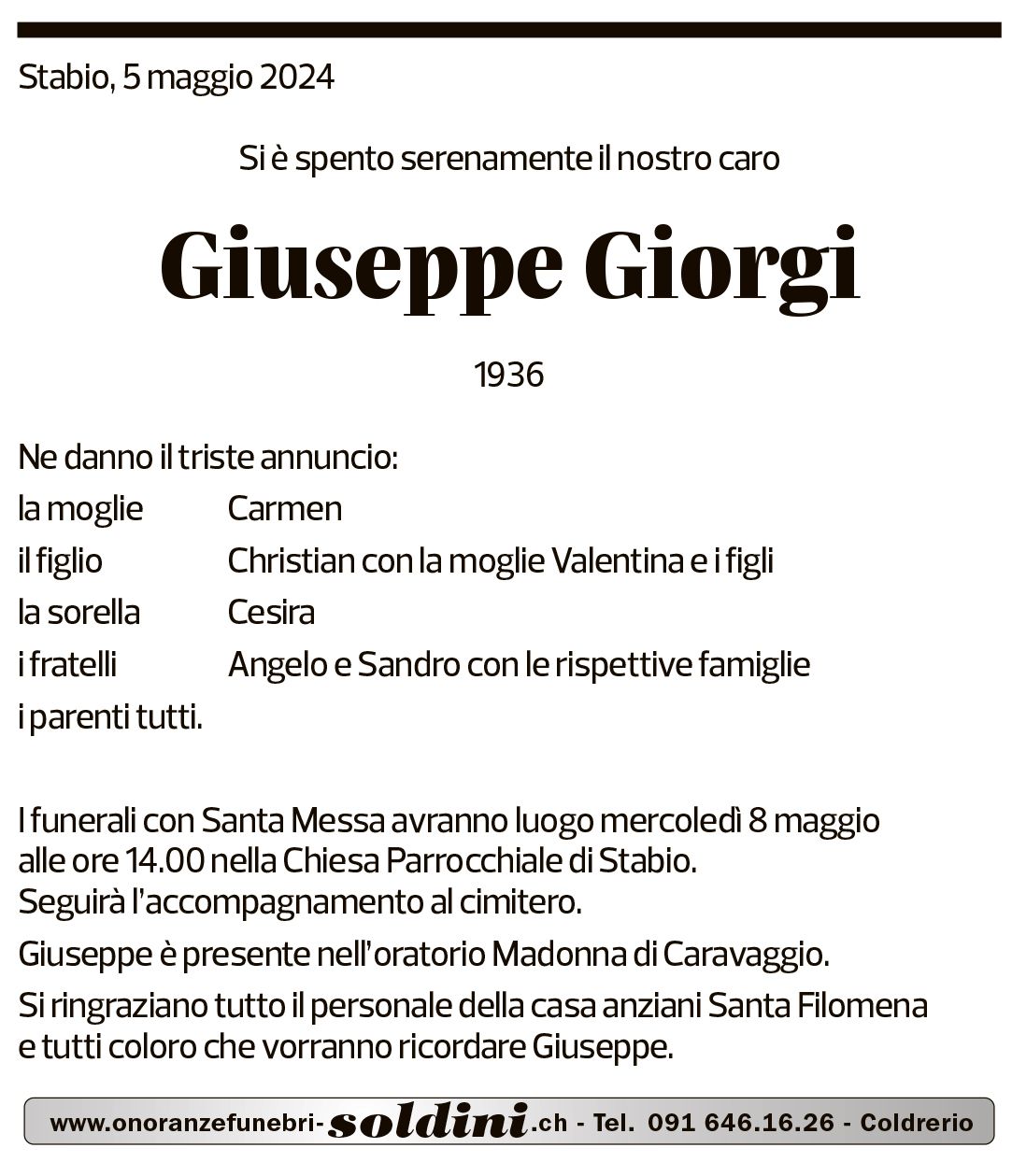 Annuncio funebre Giuseppe Giorgi