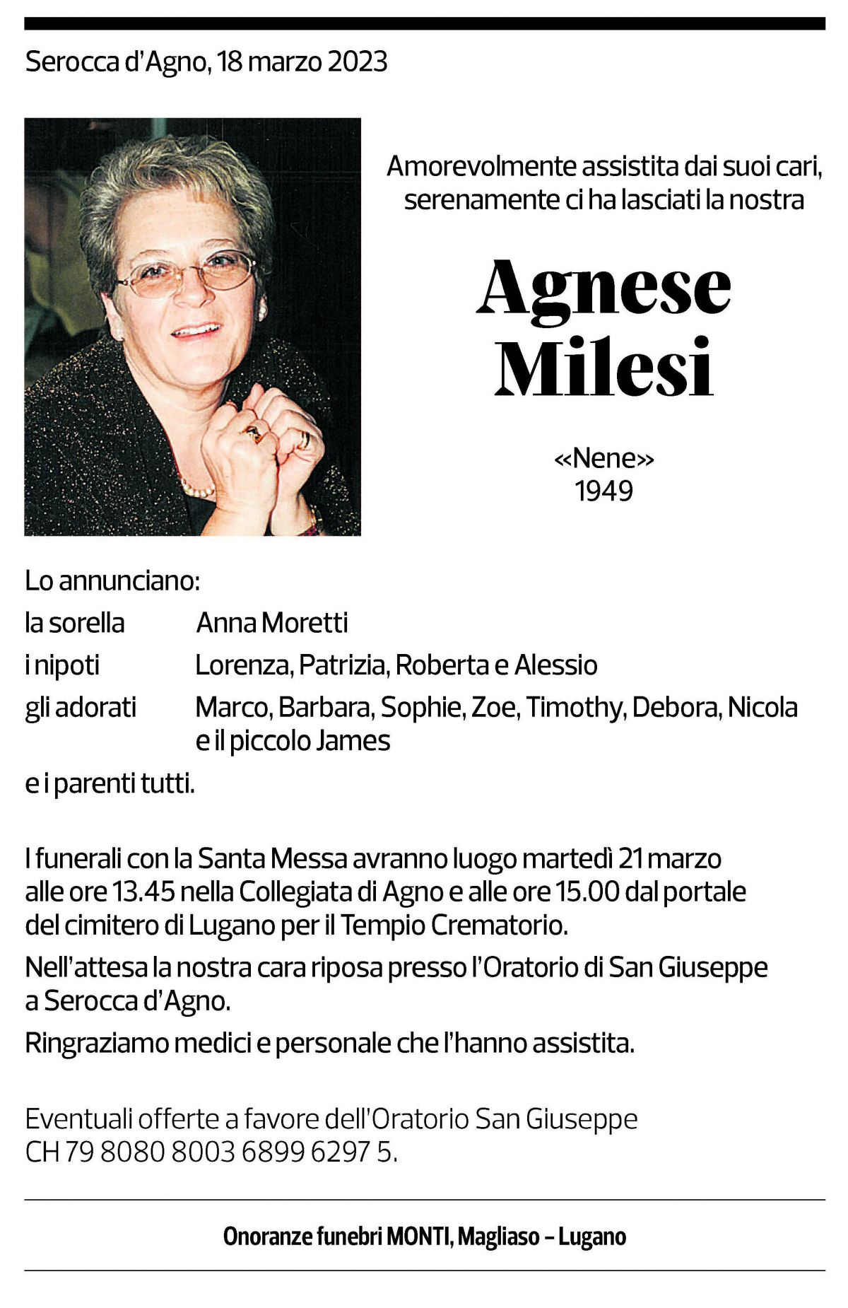 Annuncio funebre Agnese Milesi