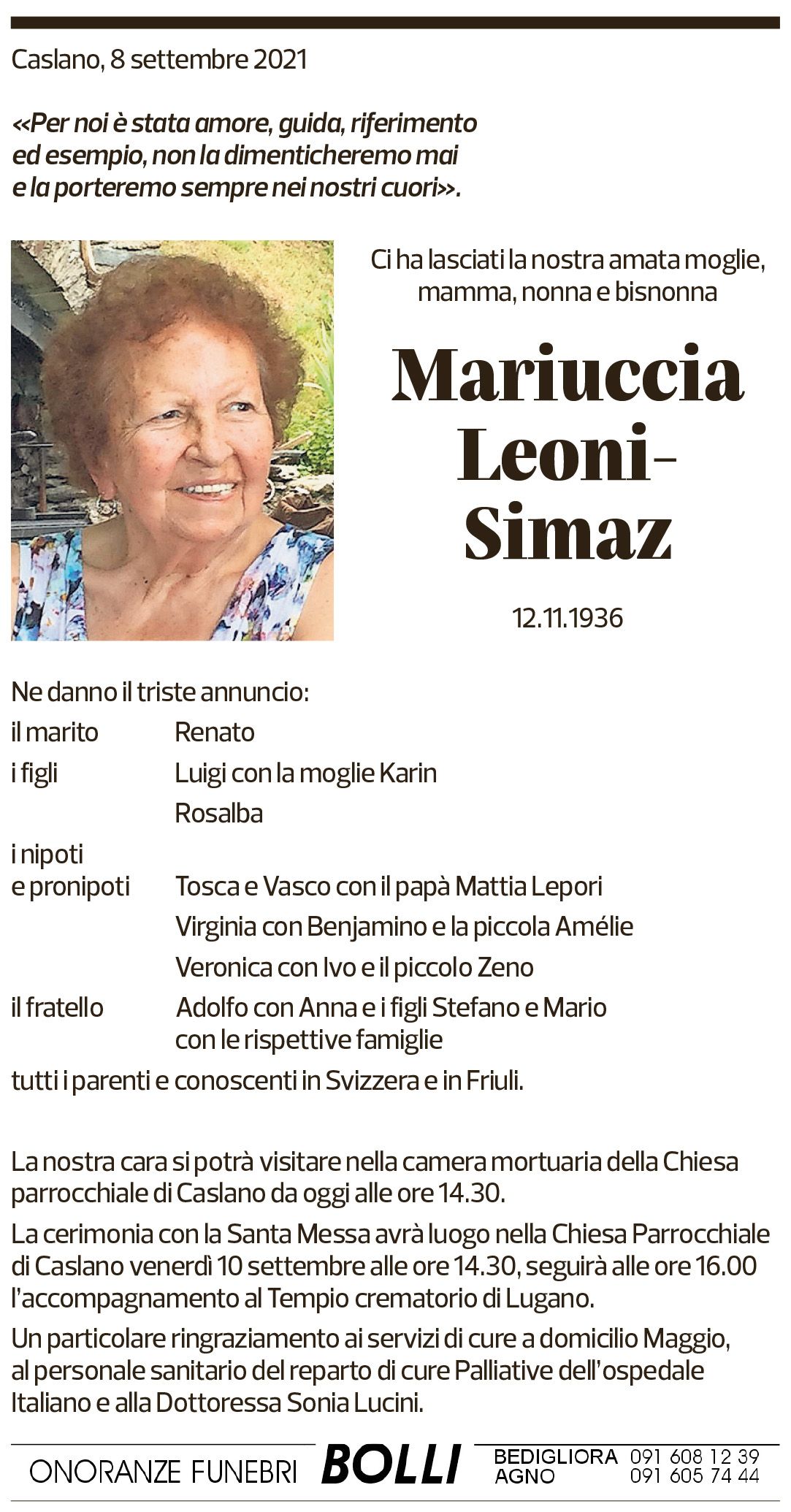 Annuncio funebre Mariuccia Leoni-simaz