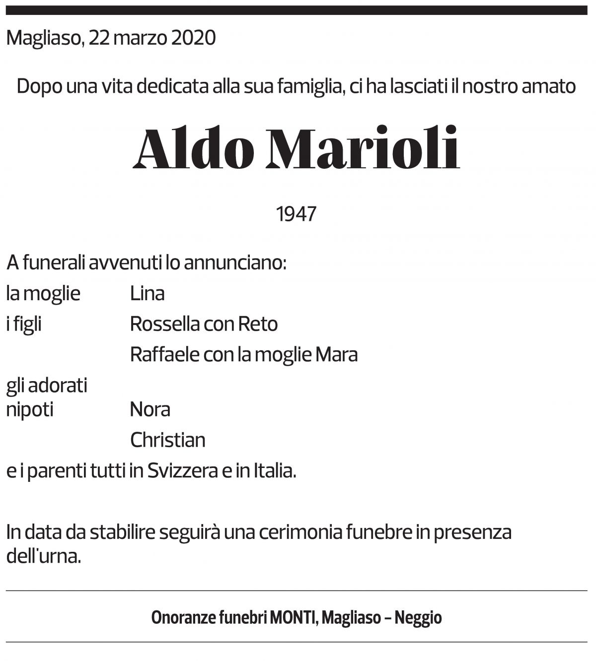 Annuncio funebre Aldo Marioli