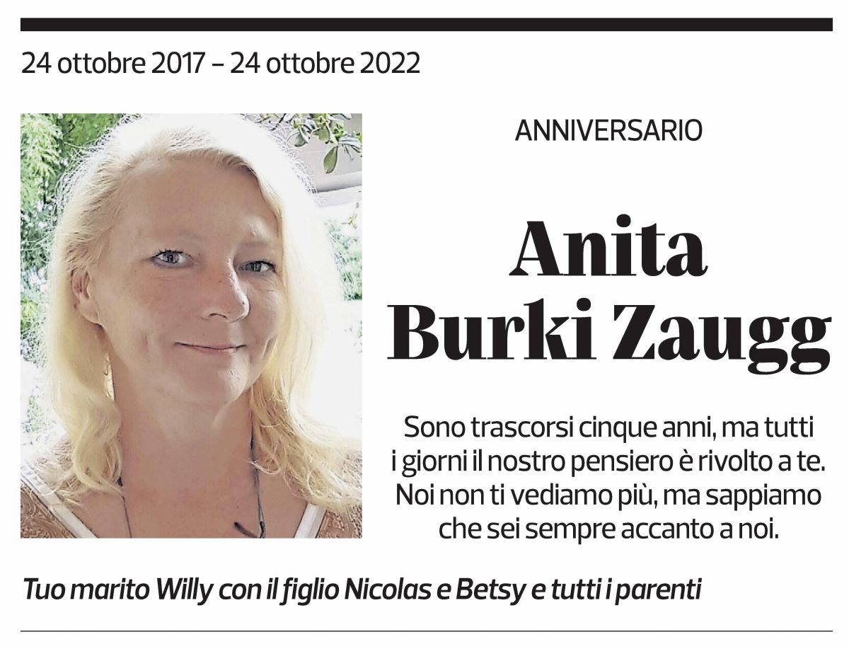 Annuncio funebre Anita Burki Zaugg