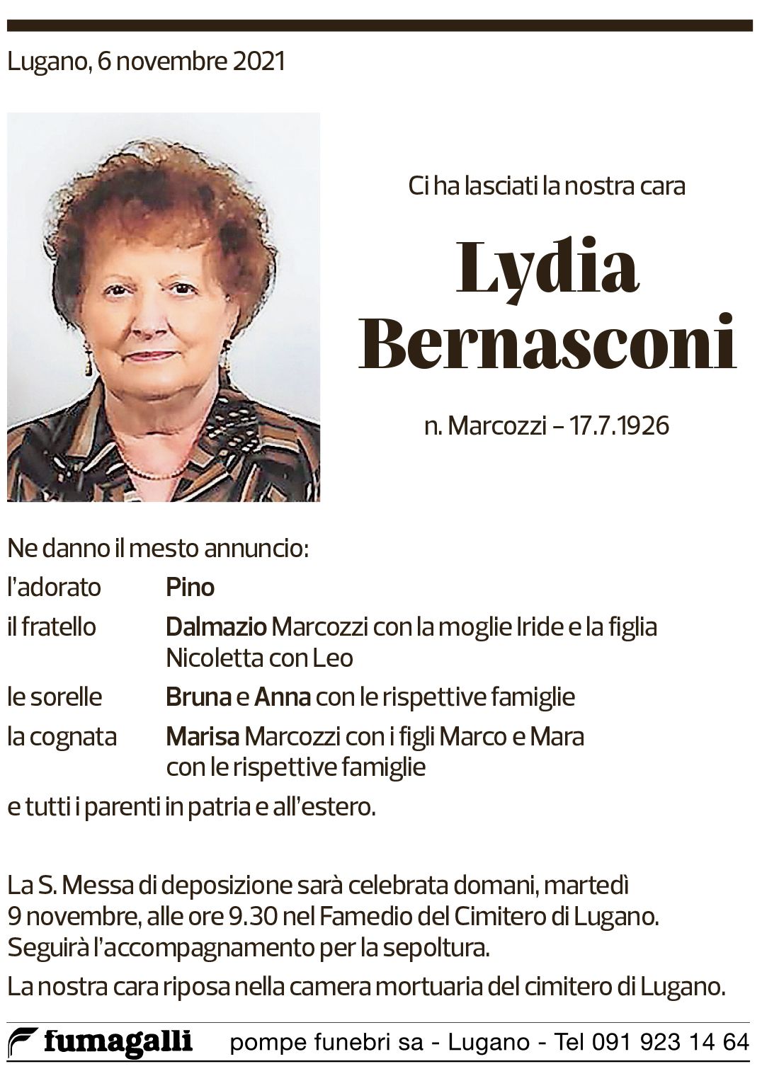 Annuncio funebre Lydia Bernasconi