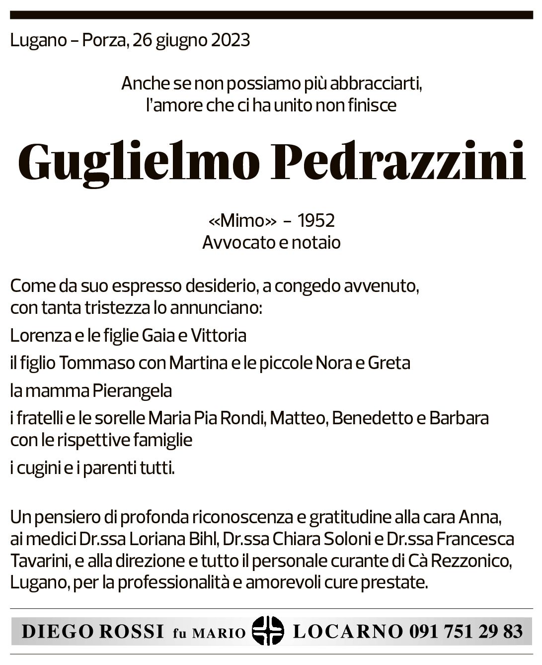 Annuncio funebre Guglielmo Pedrazzini