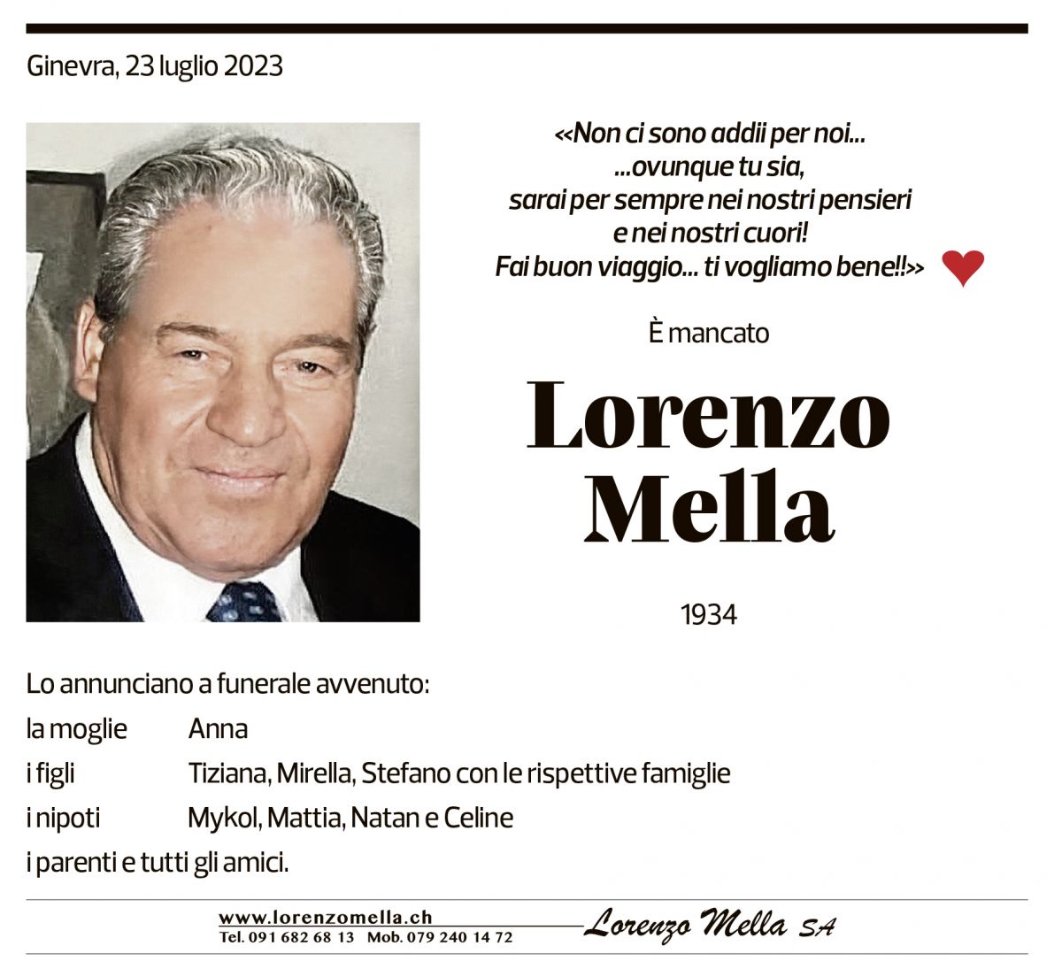 Annuncio funebre Lorenzo Mella