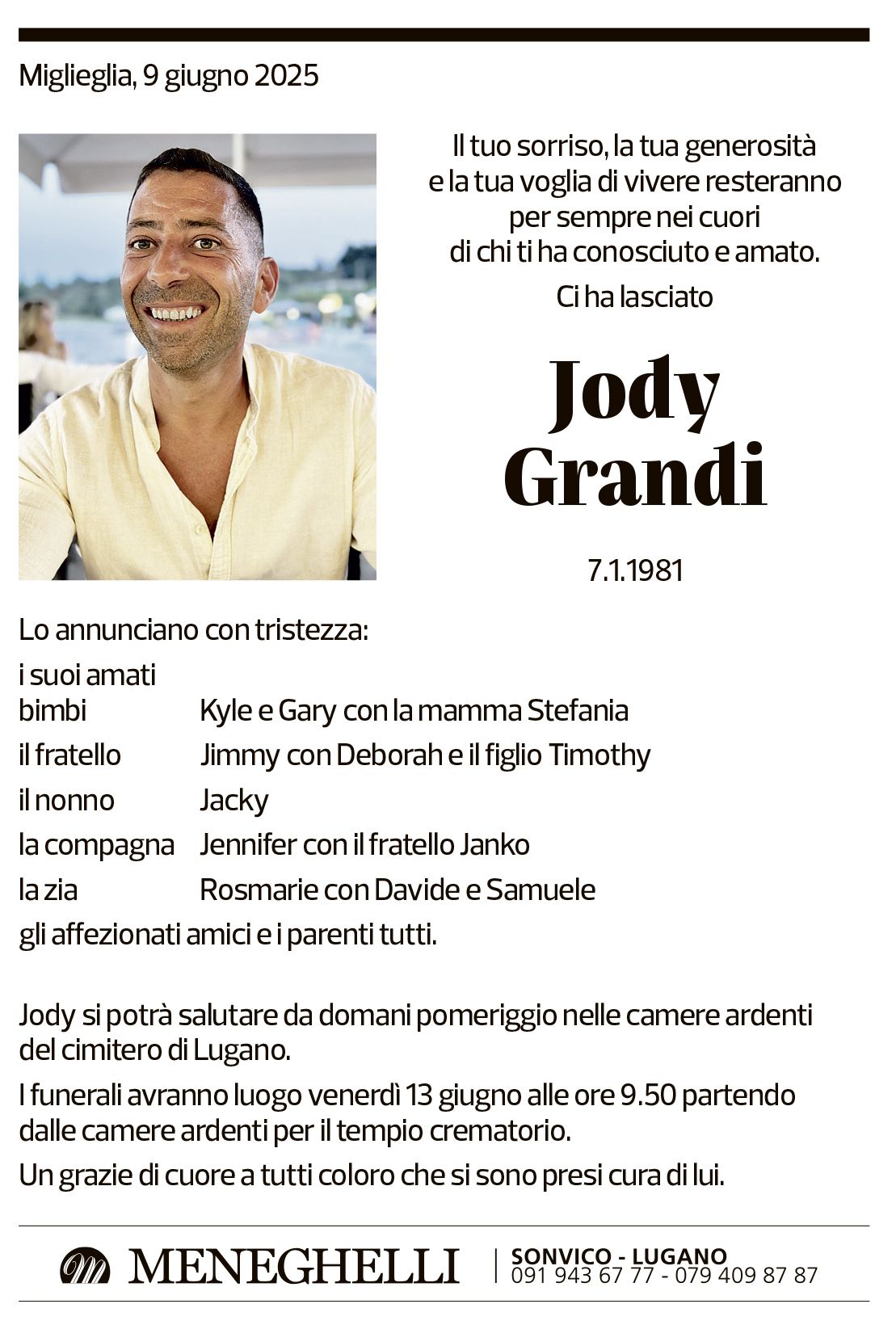 Annuncio funebre Jody Grandi