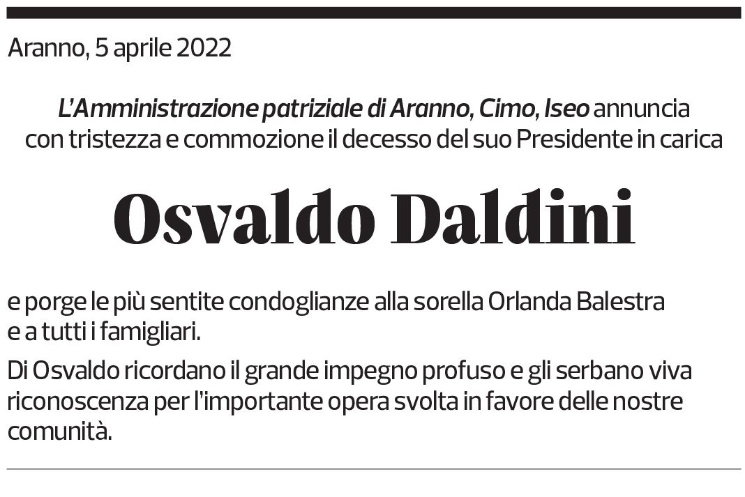 Annuncio funebre Osvaldo Daldini