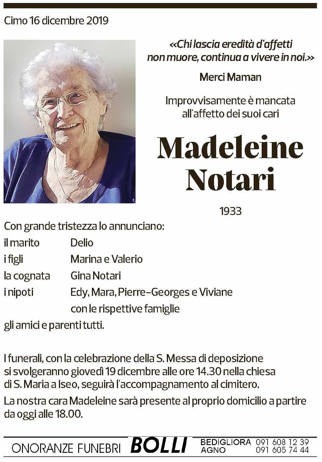 Annuncio funebre Madeleine Notari