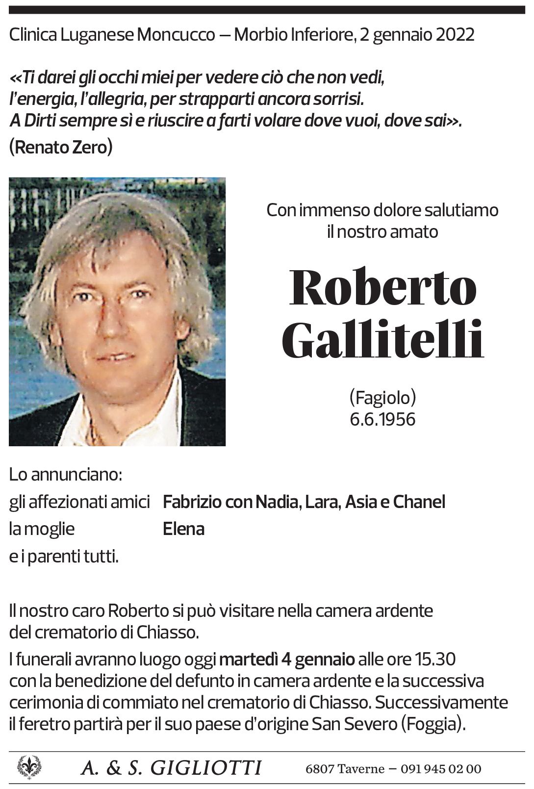 Annuncio funebre Roberto Gallitelli