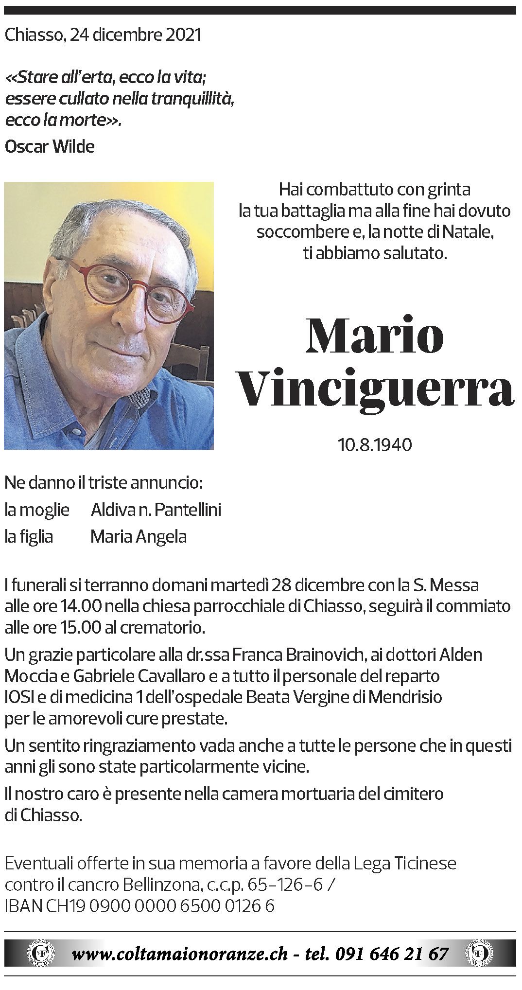 Annuncio funebre Mario Vinciguerra