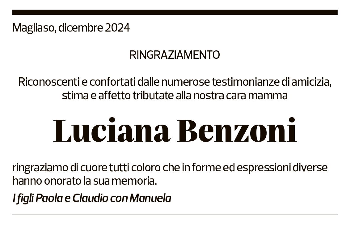 Annuncio funebre Luciana Benzoni