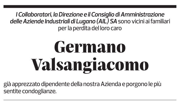 Annuncio funebre Germano Valsangiacomo