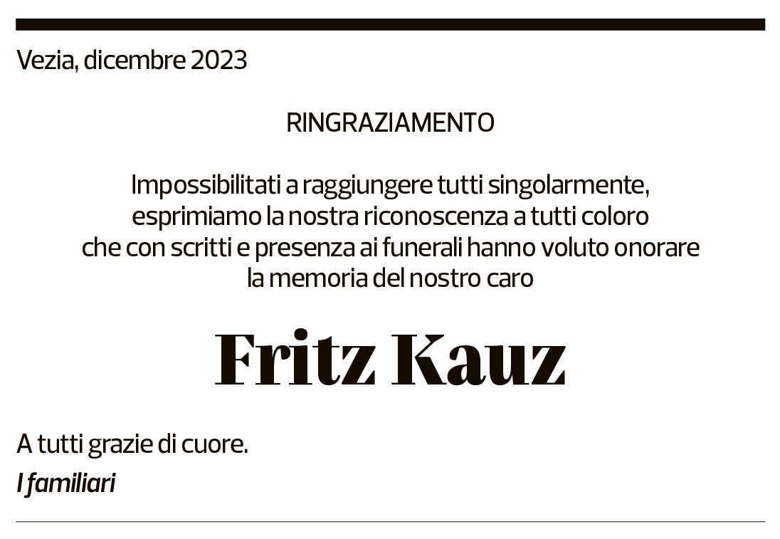 Annuncio funebre Fritz Kauz