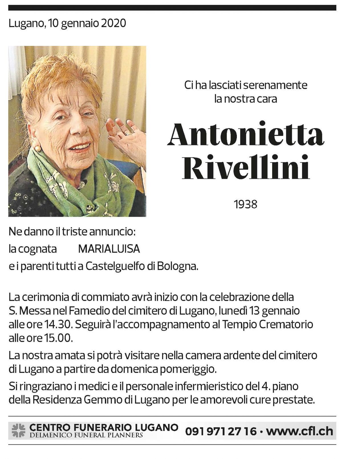 Annuncio funebre Antonietta Rivellini