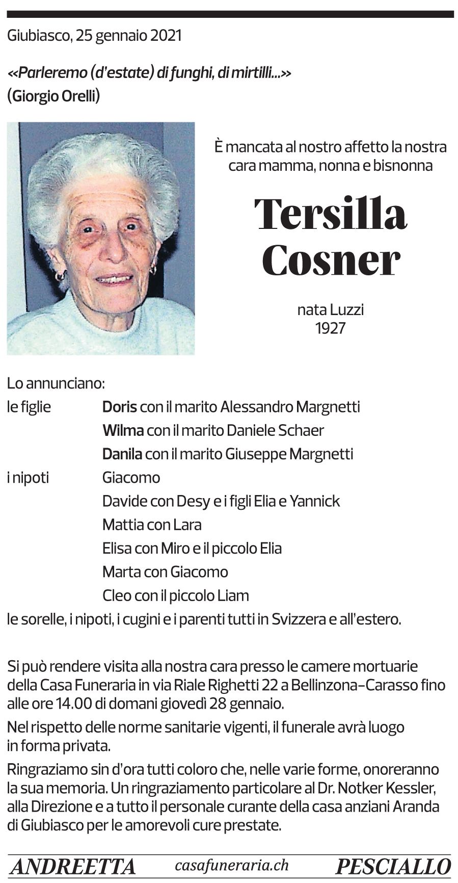 Annuncio funebre Tersilla Cosner